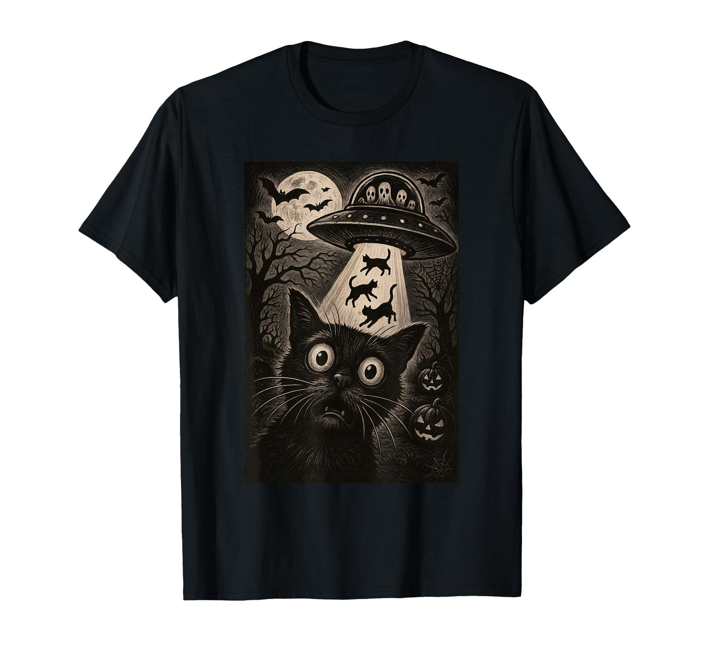 Halloween Cat Selfie Scary Alien Abduction Cats UFO Flying T-Shirt