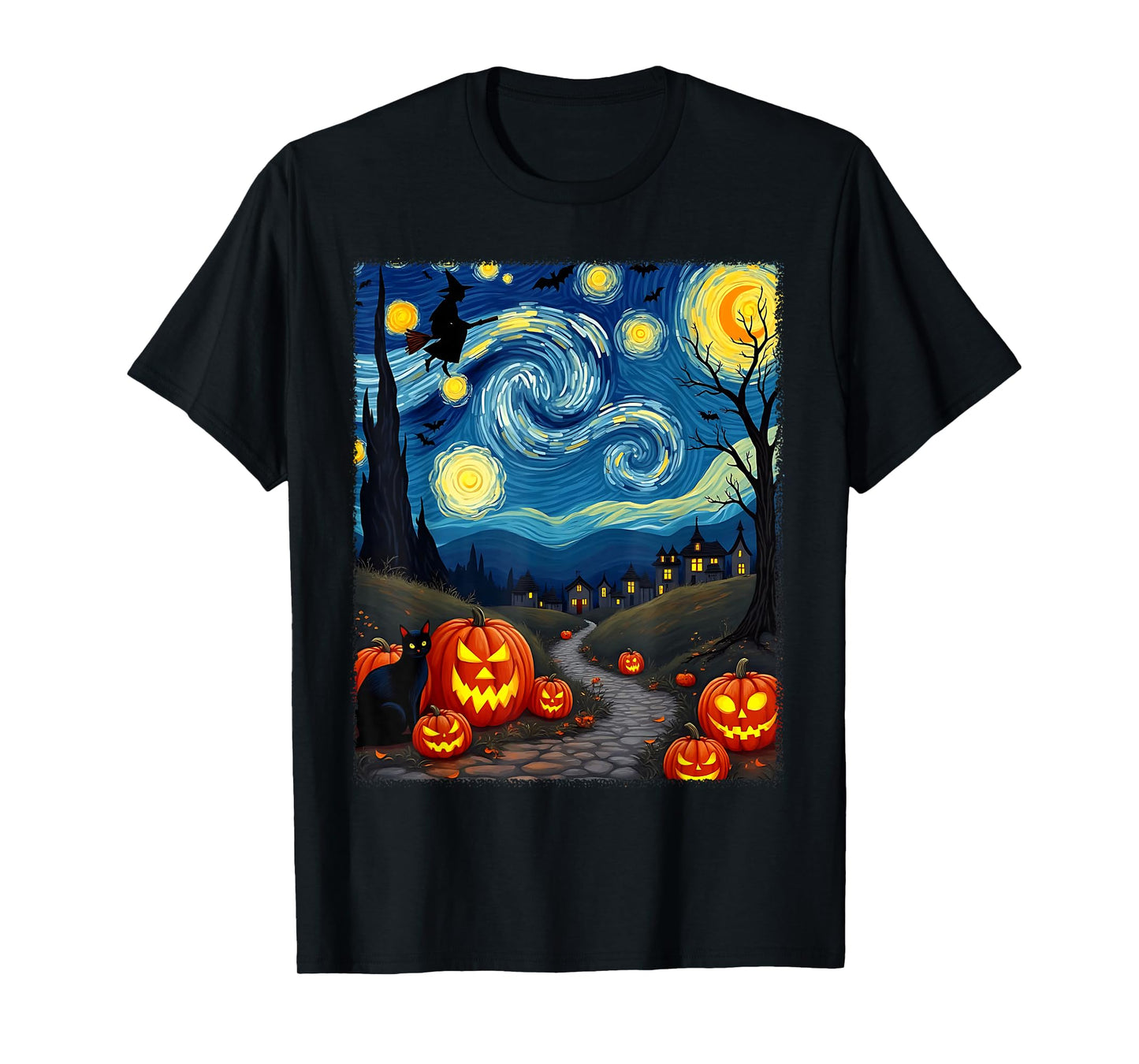 Black Cat Van Gogh Halloween Witchy Night Sky Party Costume T-Shirt