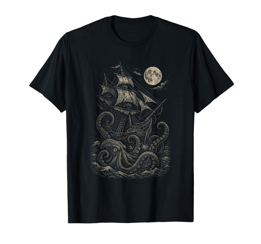 Vintage Pirate Ship Attacked by Sea Monster Kraken T-Shirt