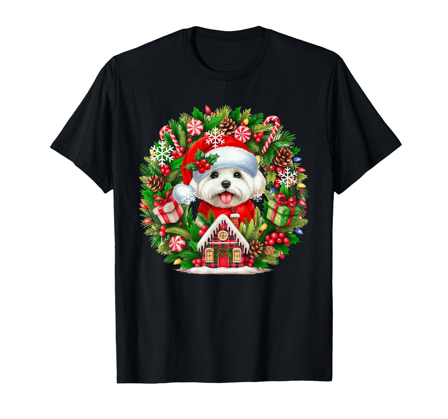 Santa Maltese Christmas Floral Circle Matching Owner Kids T-Shirt
