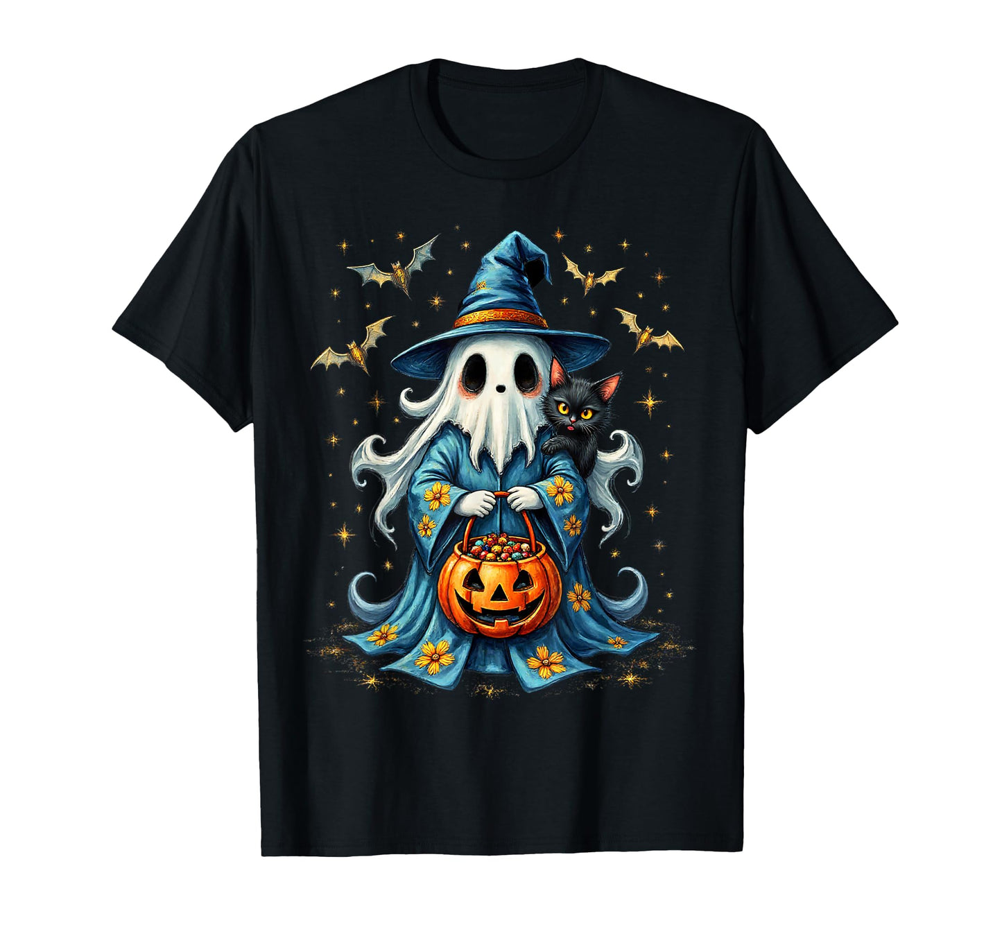Ghost Holding Black Cat Lover Halloween 2025 Groovy Floral T-Shirt
