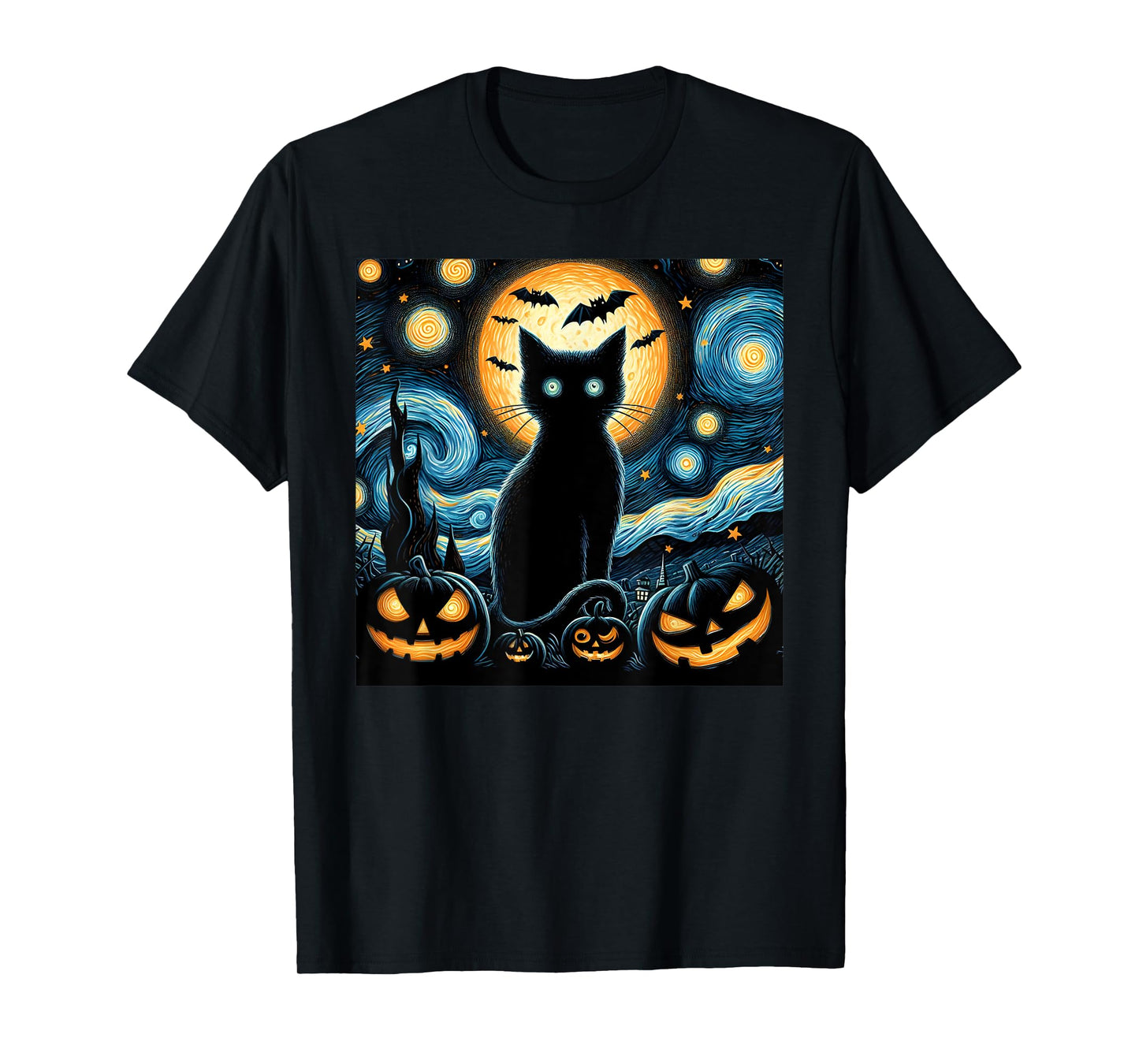 Halloween Starry Night Black Cat Van Gogh Halloween Cat T-Shirt for Men Women Kids