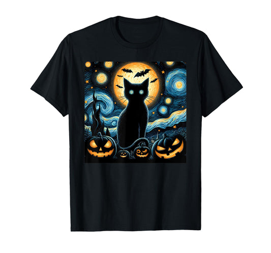 Halloween Starry Night Black Cat Van Gogh Halloween Cat T-Shirt for Men Women Kids