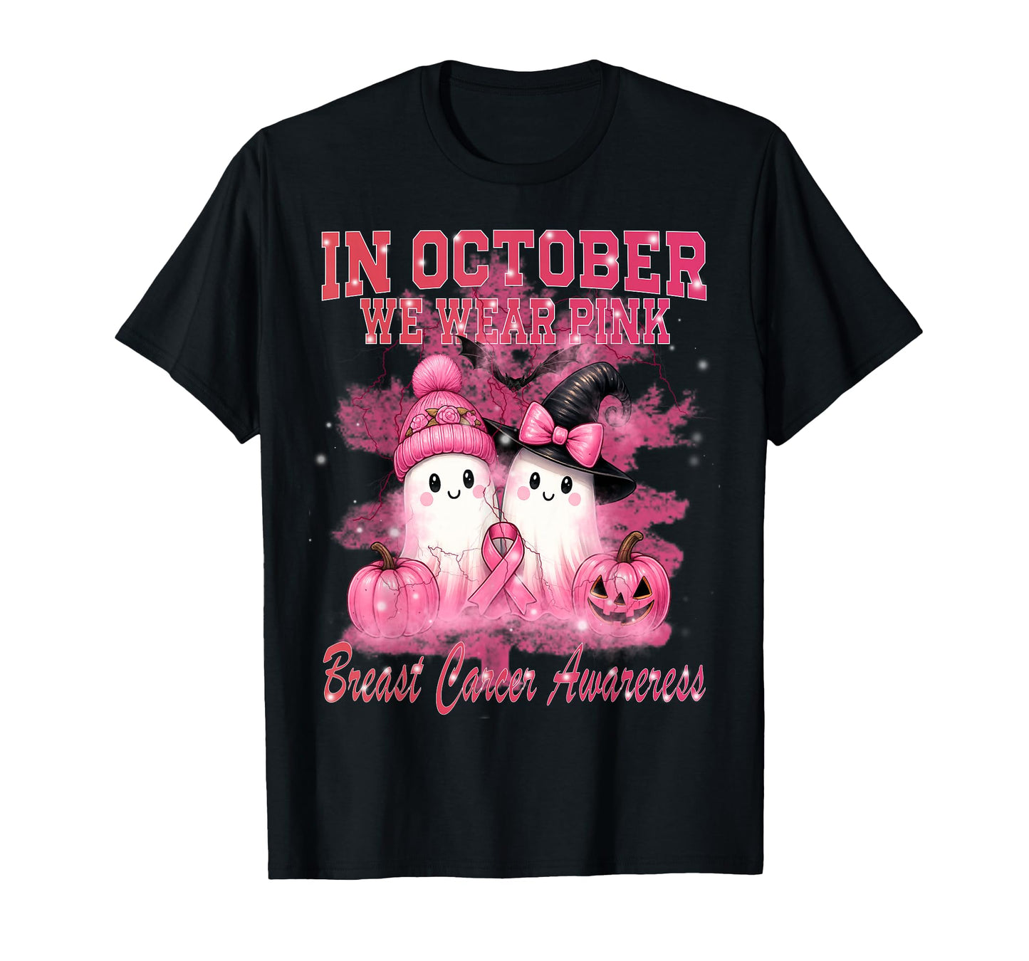 in October We Wear Pink Ghost Witch Breast Cancer Awareness T-Shirt