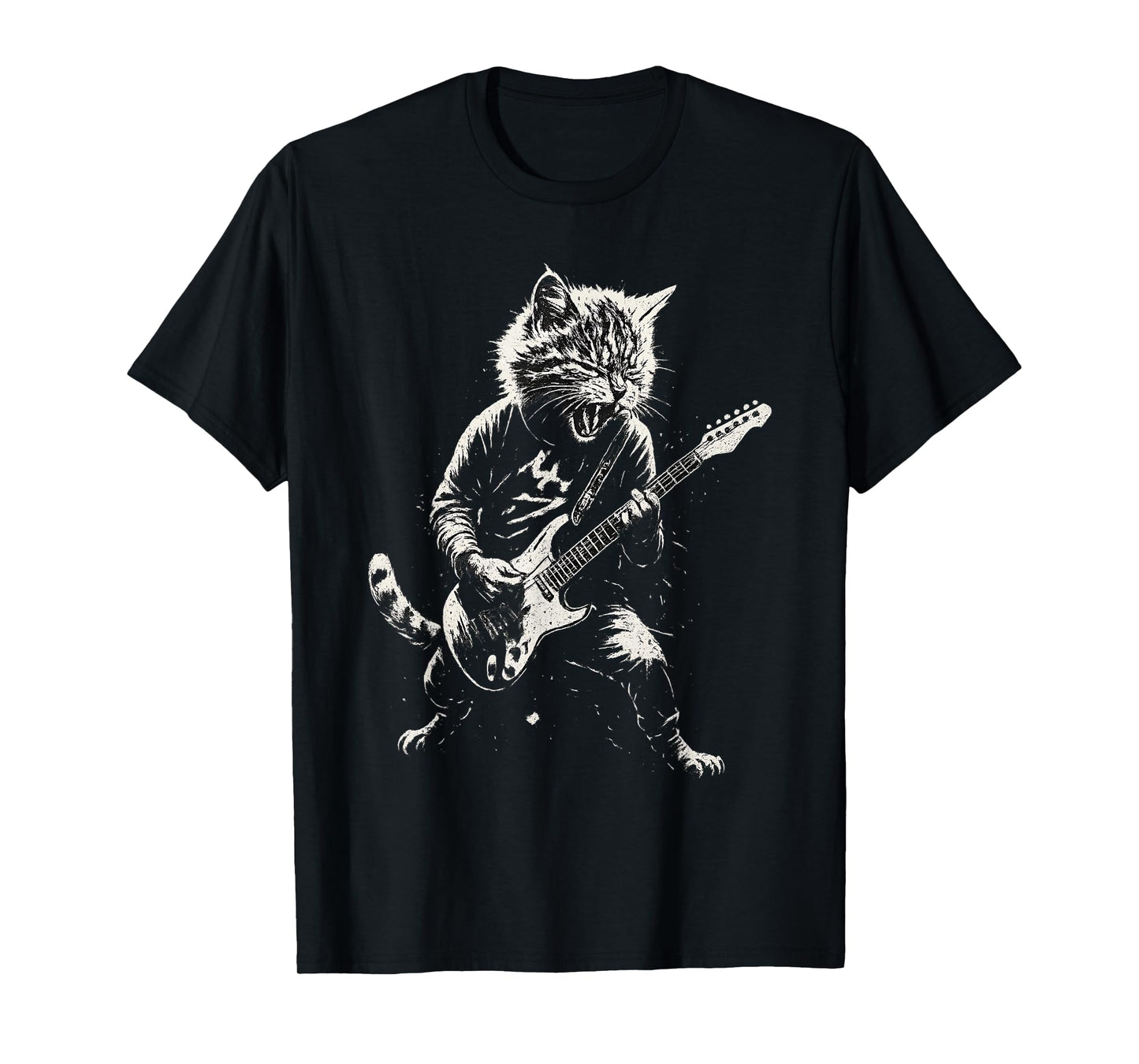 Cat Playing Guitar Rock Music Band Cool Graphic Tees Vintage T-Shirt