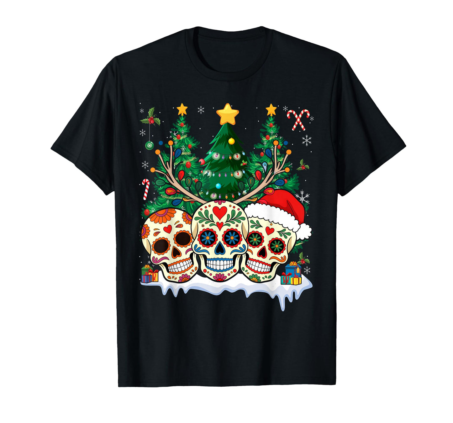 Sugar Skulls Reindeer Santa Fun Christmas Mexican Latin T-Shirt