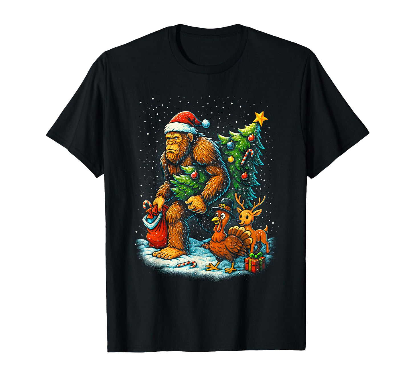 Santa Bigfoot Christmas Tree Turkey Reindeer Thanksgiving T-Shirt