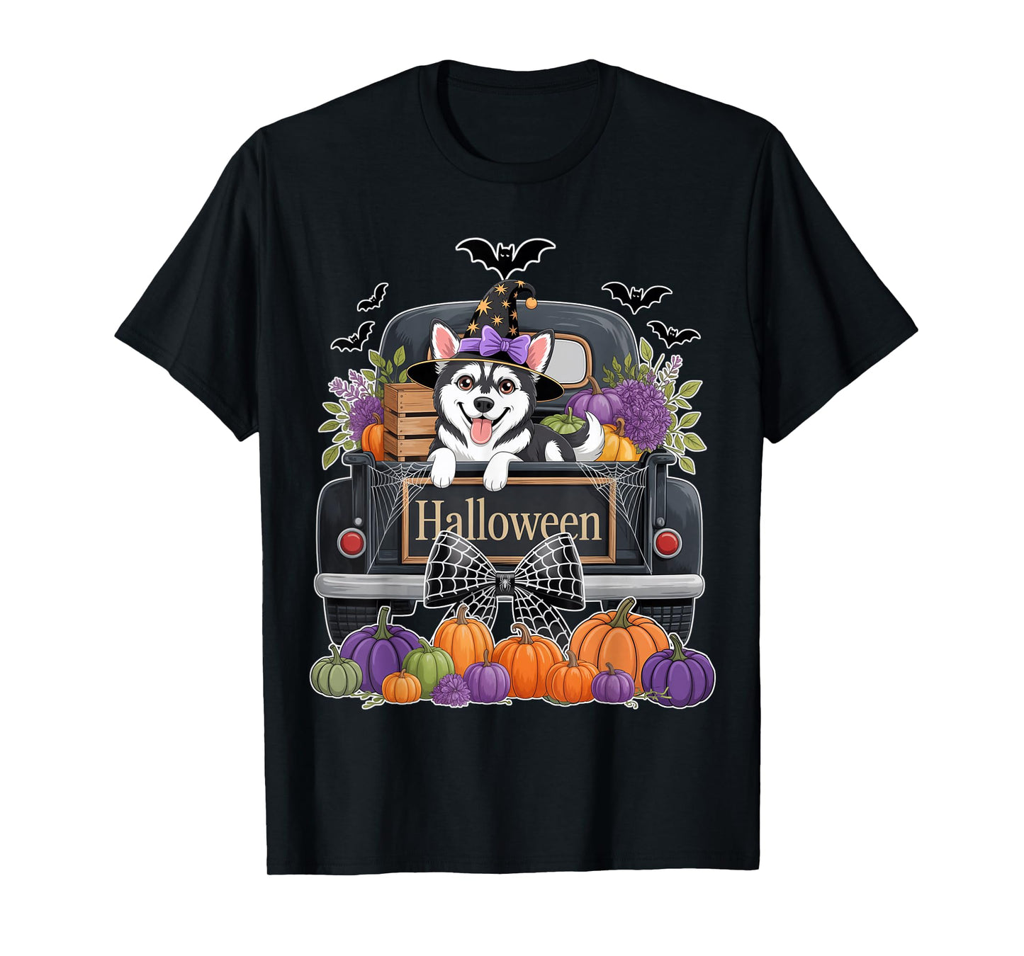 Siberian Husky Witch Hat Truck Pumpkin Dog Lovers Halloween T-Shirt