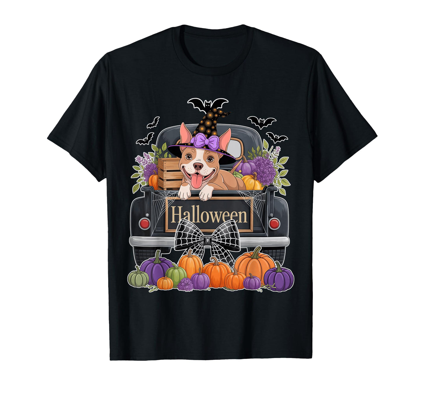 Funny Pitbull Witch Hat Truck Pumpkin Dog Lovers Halloween T-Shirt