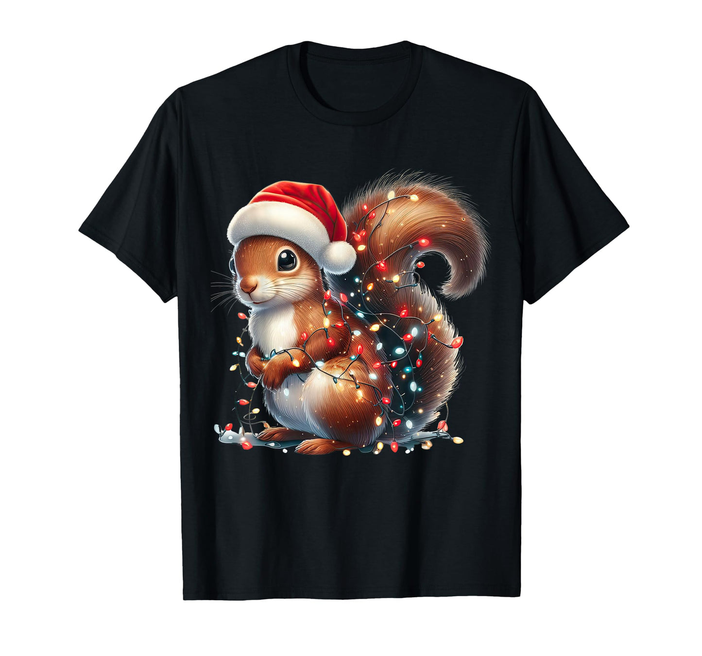 Squirrel Christmas Lights Funny Santa Hat Merry Xmas T-Shirt