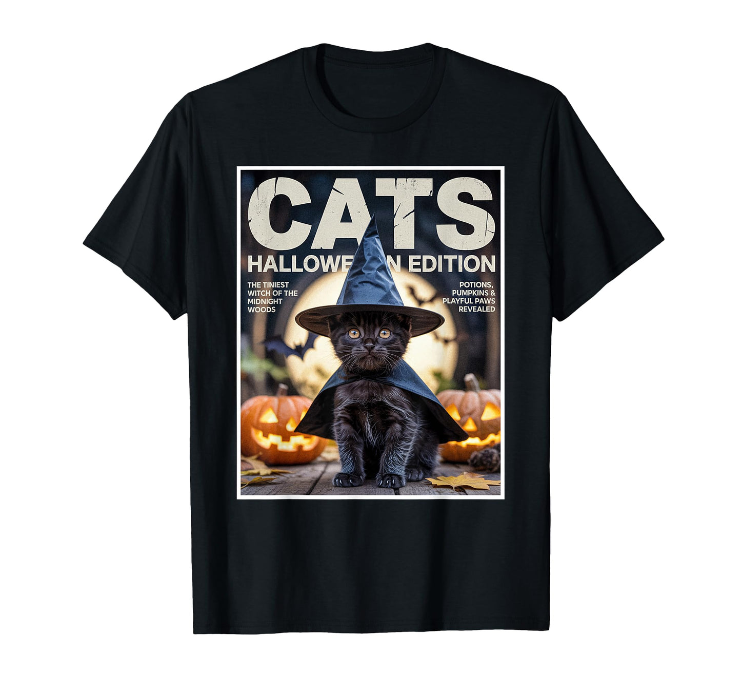 Cute Funny Black Cat in Witch Costume and Pumpkins Halloween T-Shirt