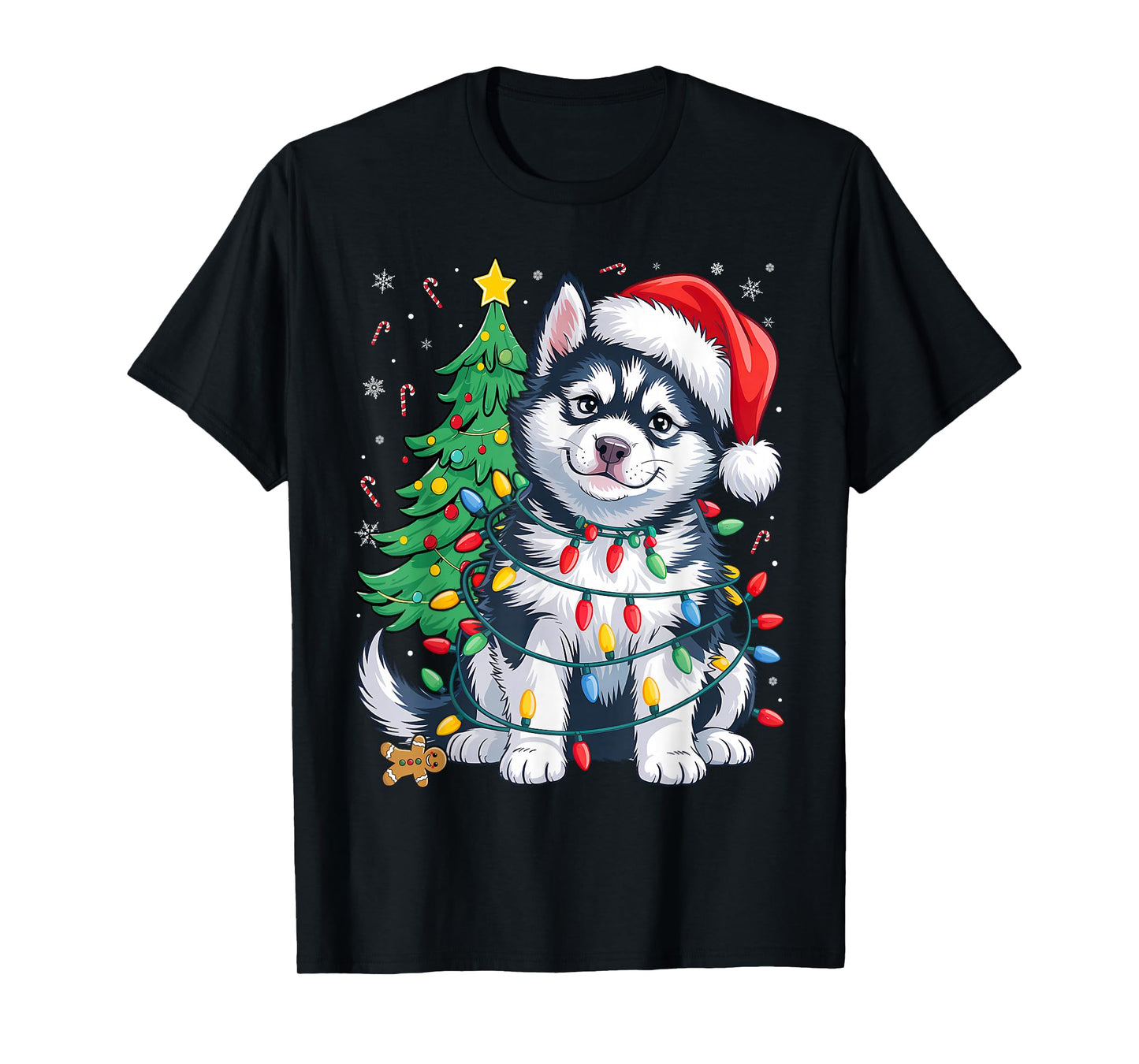 Siberian Husky Santa Christmas Tree Lights Xmas Boys Dog T-Shirt