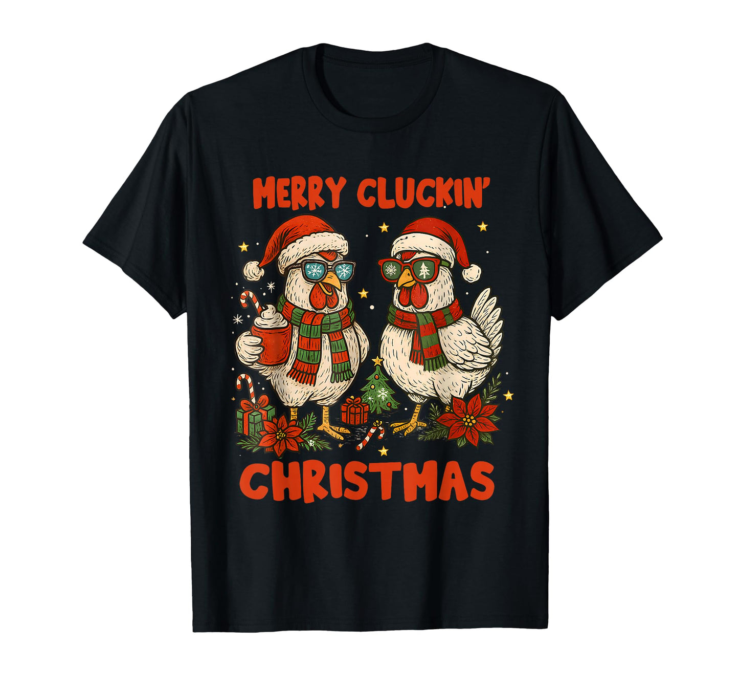 Retro Merry Cluckin Christmas Santa Chicken Farm Animal Xmas T-Shirt