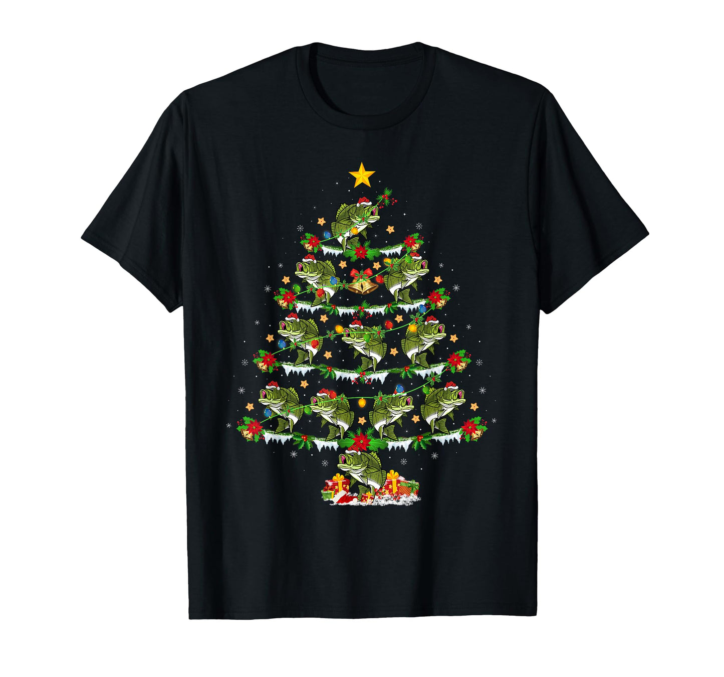 Bass Fish Christmas Tree Lights Funny Bass Fishing Xmas T-Shirt