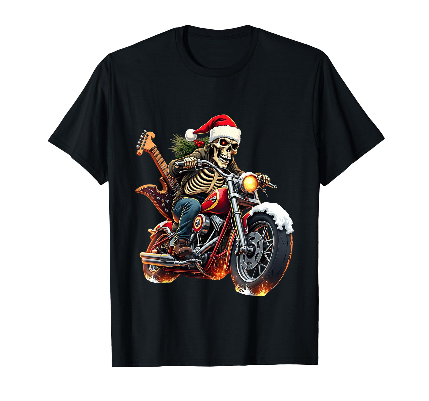 Christmas Skeleton Biker Rock Music Flame Santa Hat Guitar T-Shirt