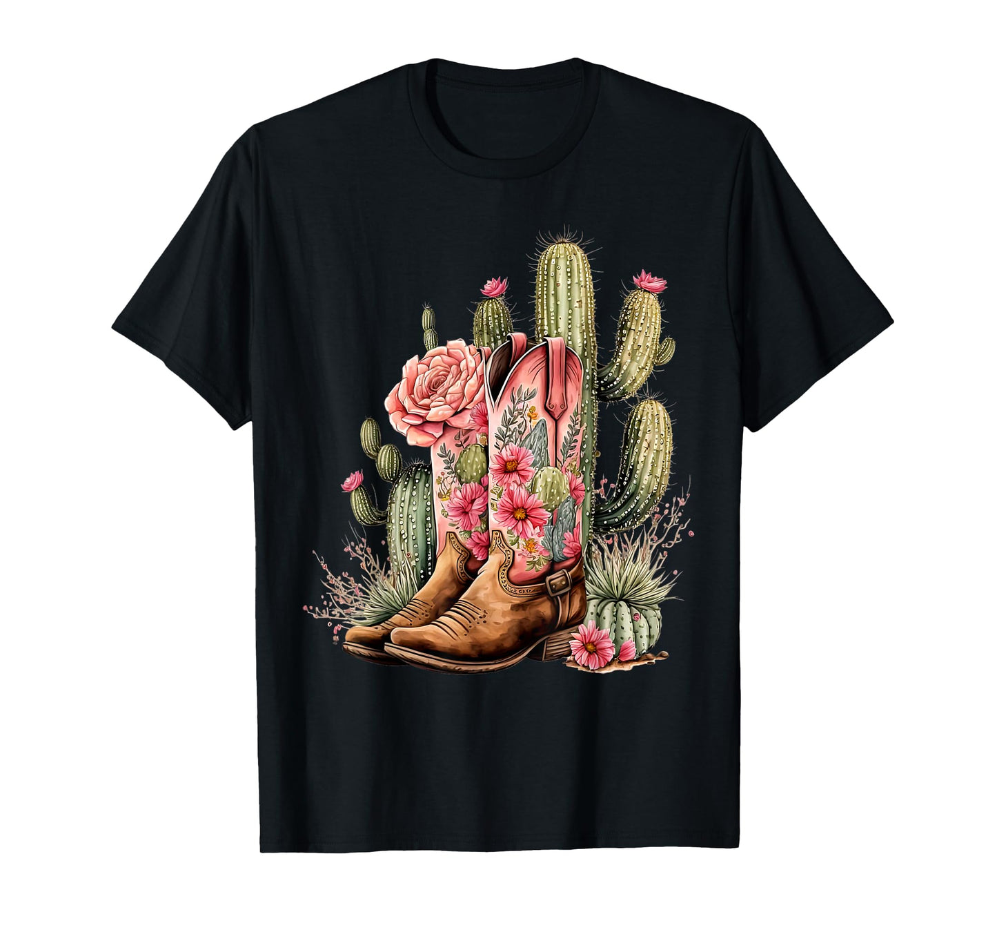 Retro Cowgirl Boots Floral Cactus Western Flower Teen Girls T-Shirt