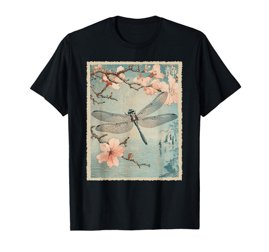 Dragonfly and Cherry Blossom Vintage Japanese Nature Art T-Shirt