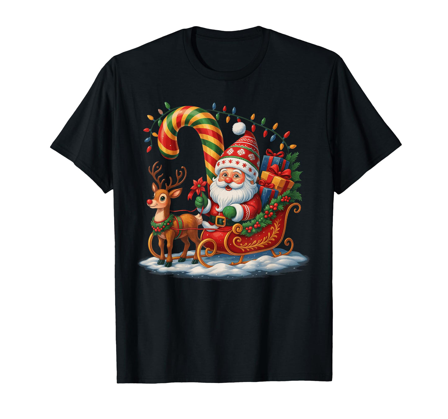 Santa Claus Riding Reindeer Christmas Lights Xmas Men Women T-Shirt