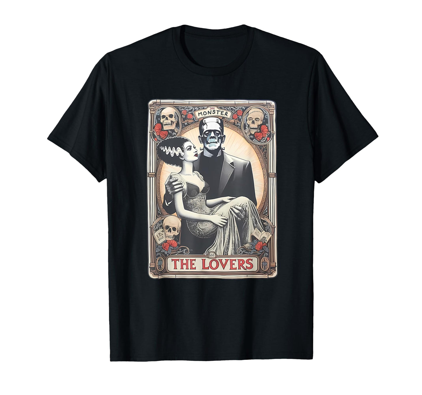 Retro Halloween Frankenstein Tarot Card T-Shirt - Unisex Adults - Black - Small - Short Sleeve - Regular Fit - Cotton 100%, Polyester Blend - Halloween, Retro, Couples, Tarot Card Fans, Unisex