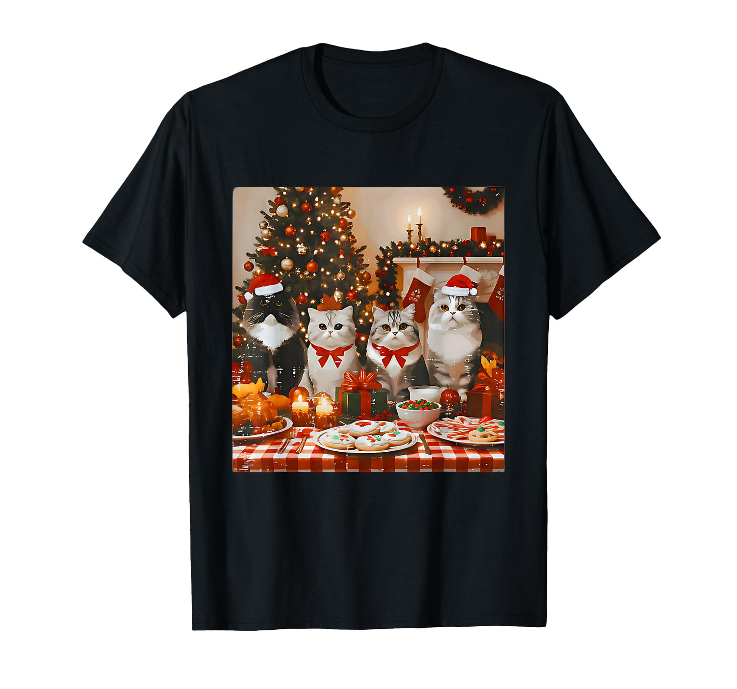 Cat Christmas Light Reindeer Santa Christmas Cat Lover T-Shirt