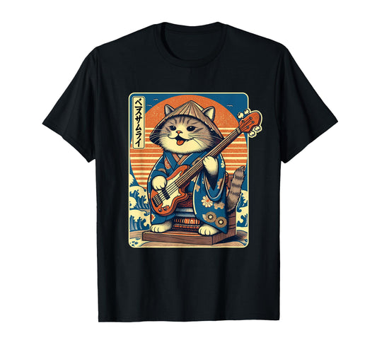 Japanese Samurai Cat Playing The Bass T-Shirt