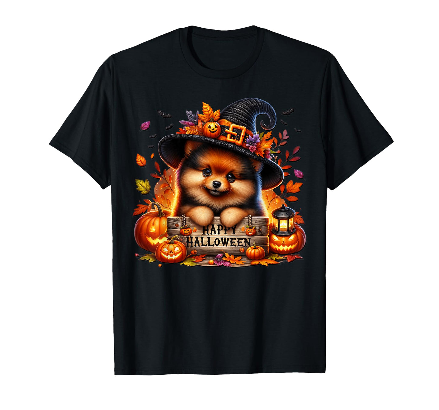 Witchy Pomeranian Puppy in Black Witch Hat Happy Halloween T-Shirt