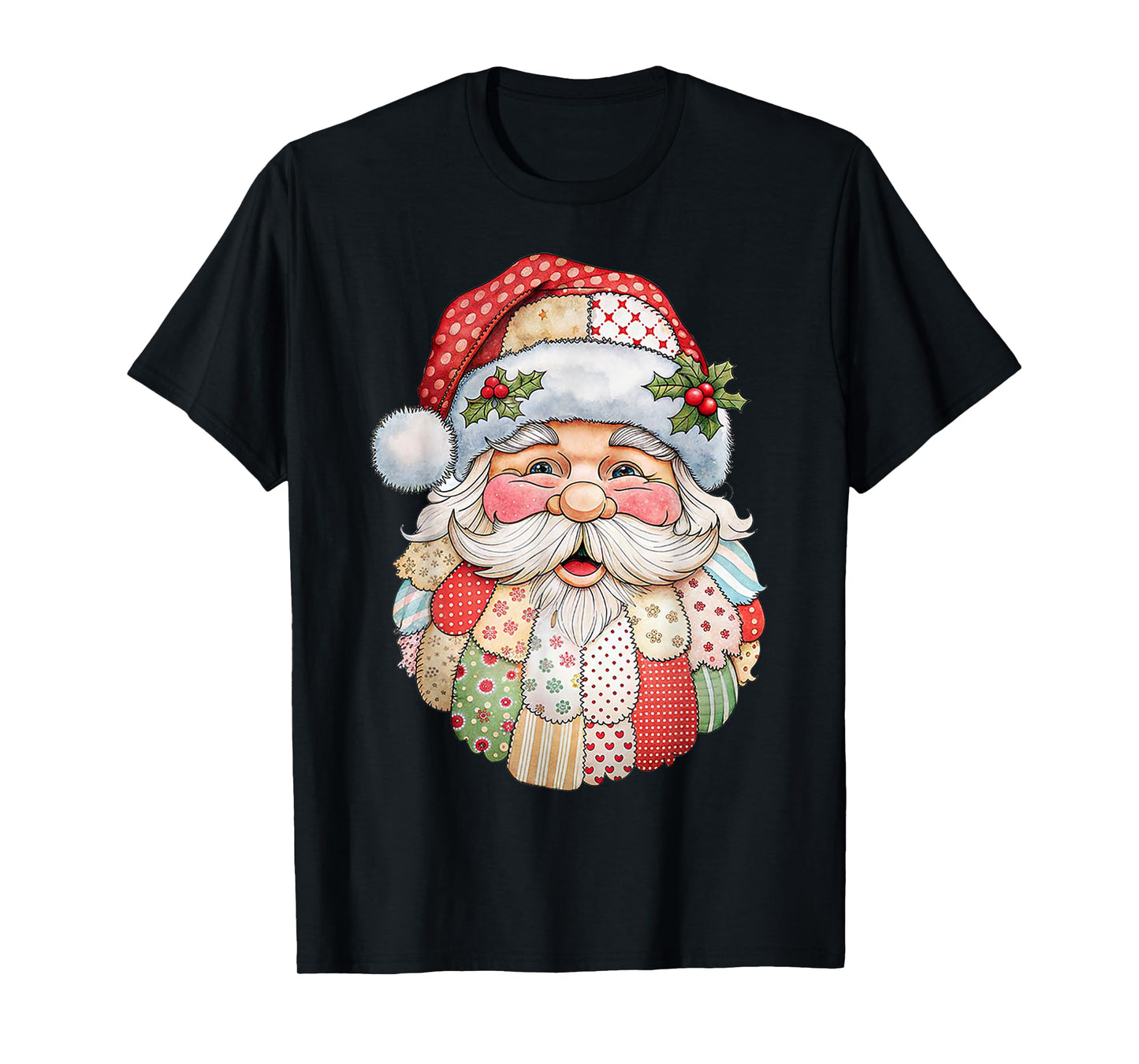 Vintage Santa Claus Face Patchwork Folk Art Christmas Xmas T-Shirt