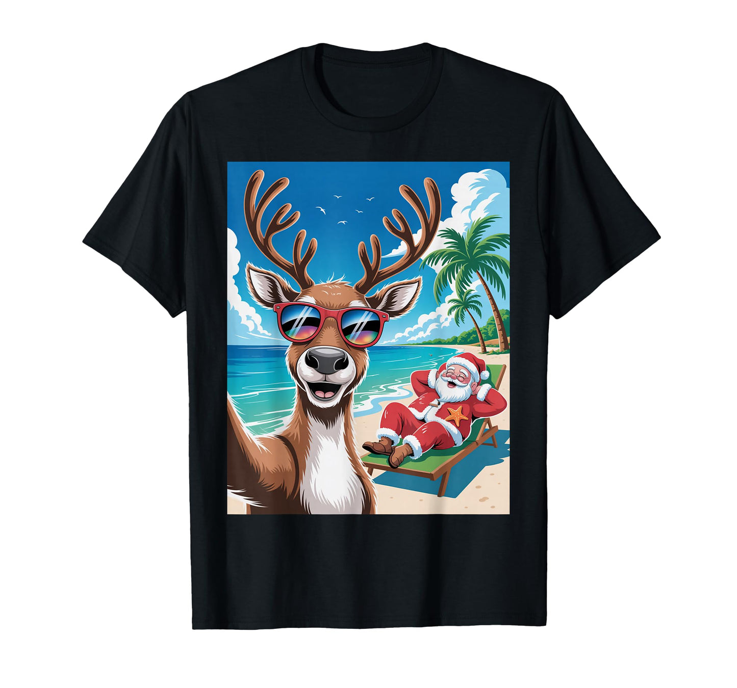 Funny Reindeer Selfie Christmas Beach Santa Vibe T-Shirt
