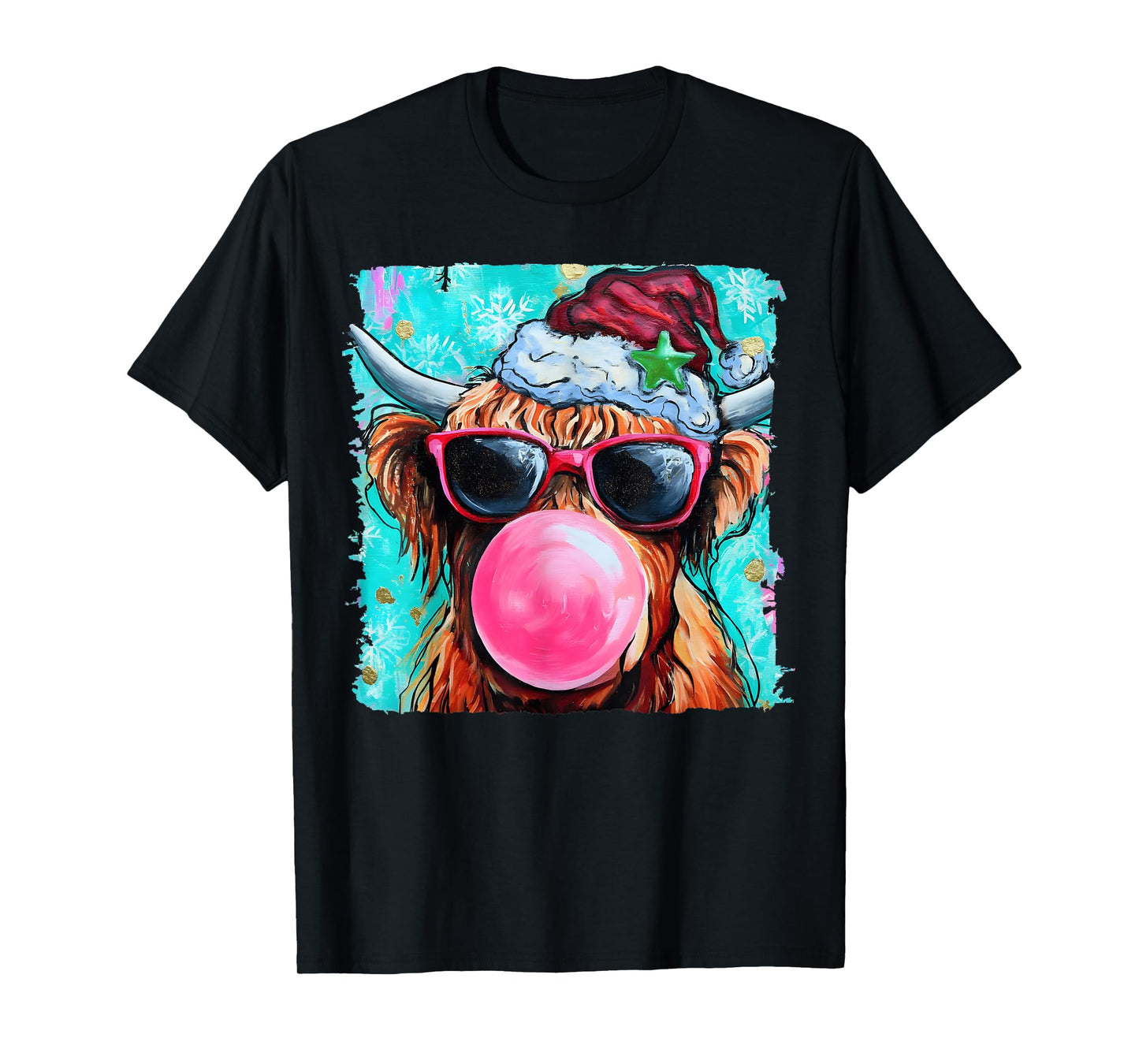 Christmas Highland Cow Heifer Merry Christmas Bubble Gum T-Shirt