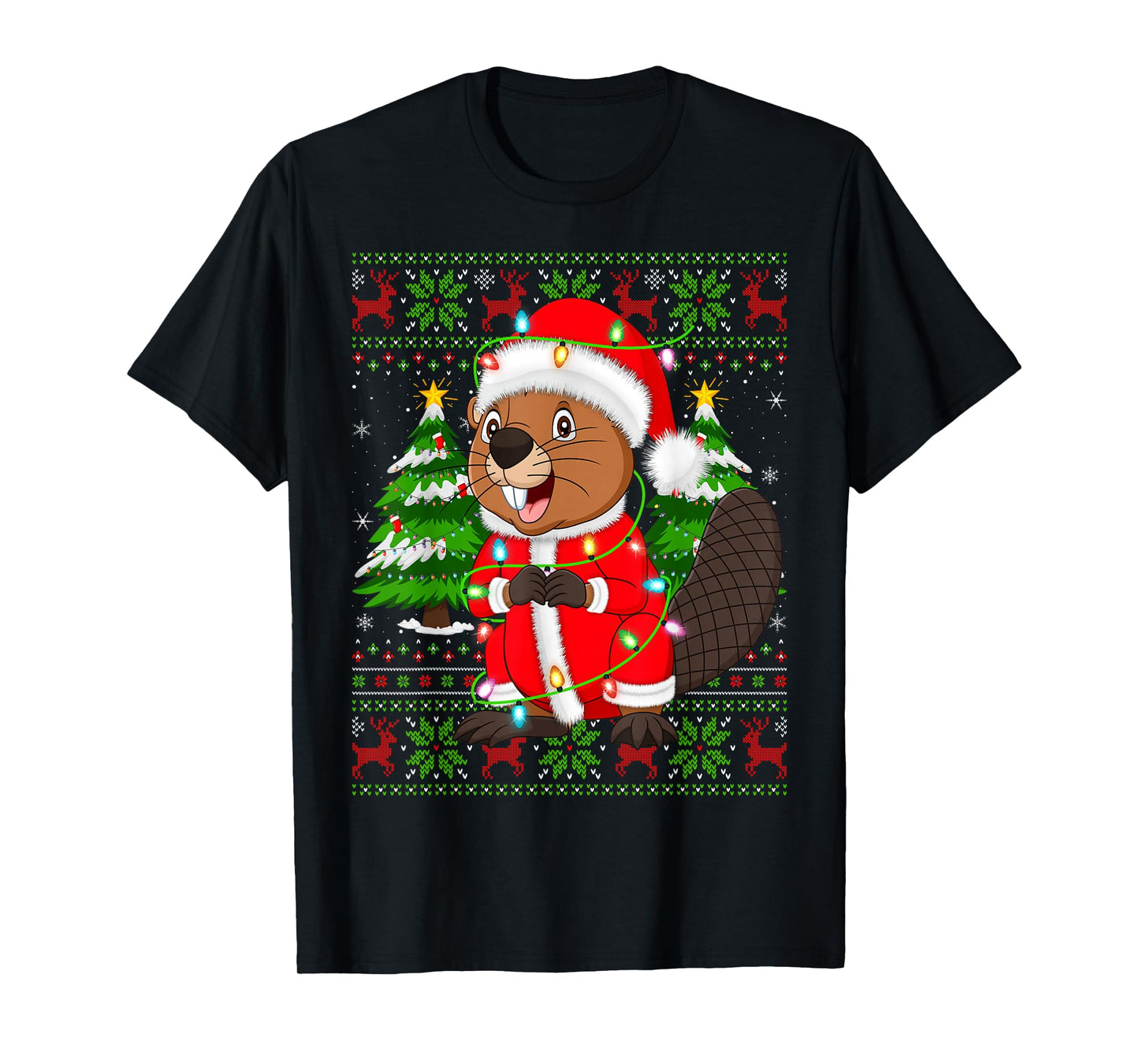 Beaver Christmas Lights Santa Costume Ugly Xmas Sweaters T-Shirt