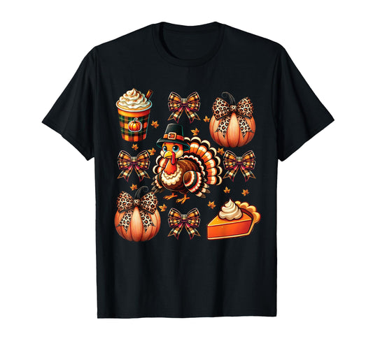 Turkey Drinking Coffee Bow Thanksgiving Womens Turkey Day T-Shirt