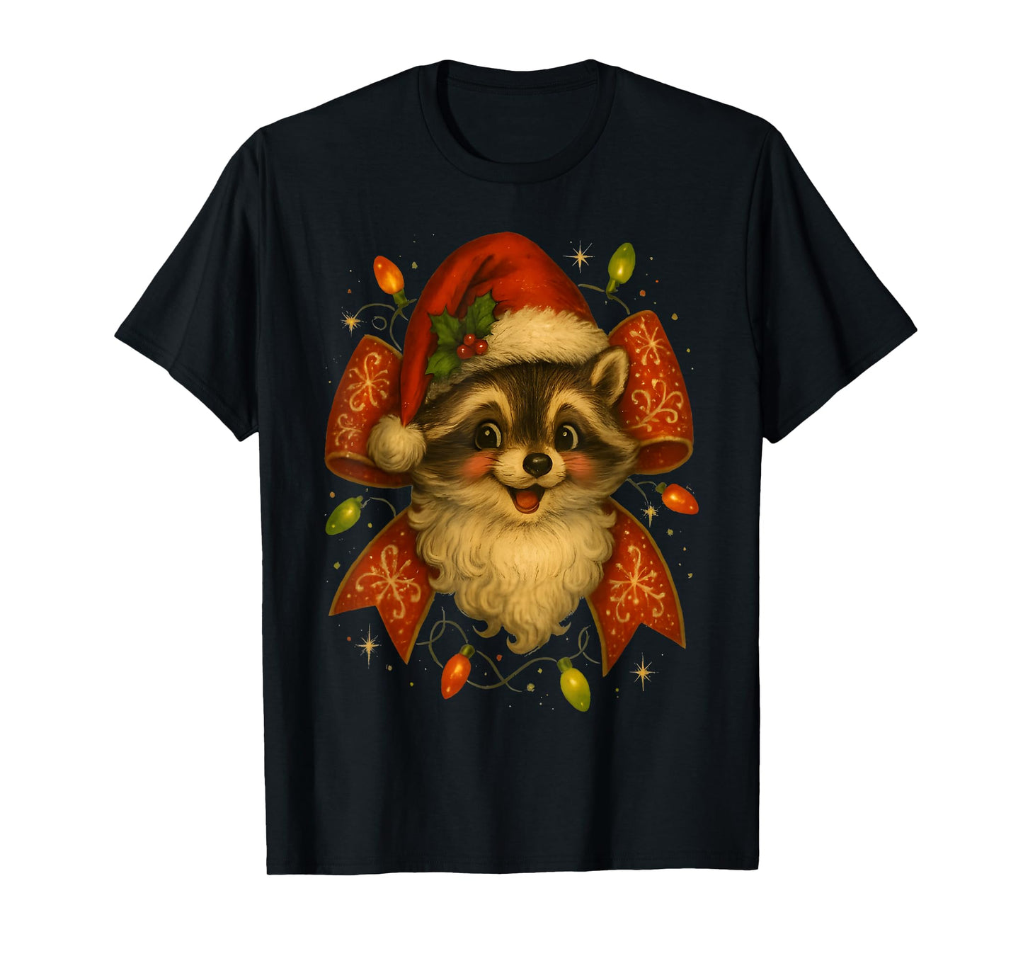 Funny Santa Raccoon in Santa Hat Holiday Cute Bow tee Lovers T-Shirt