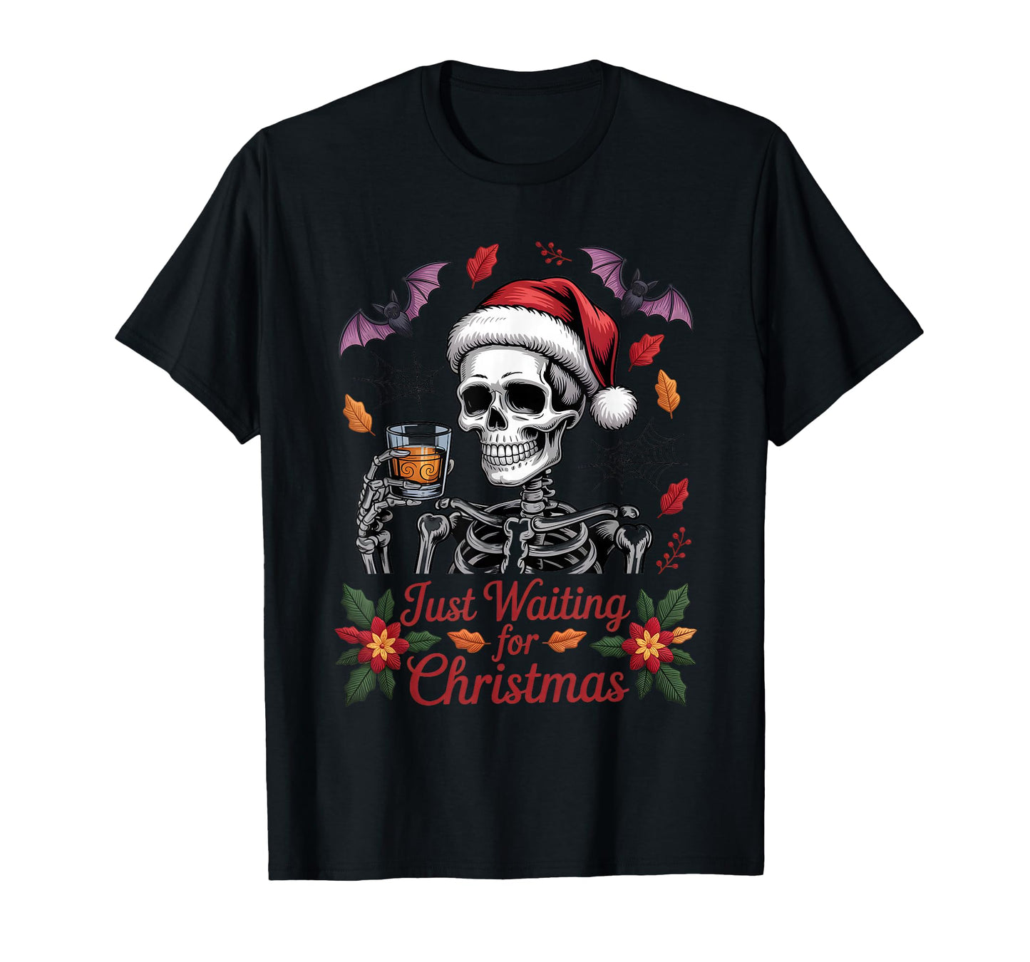 Just Waiting for Christmas Skeleton Santa T-Shirt