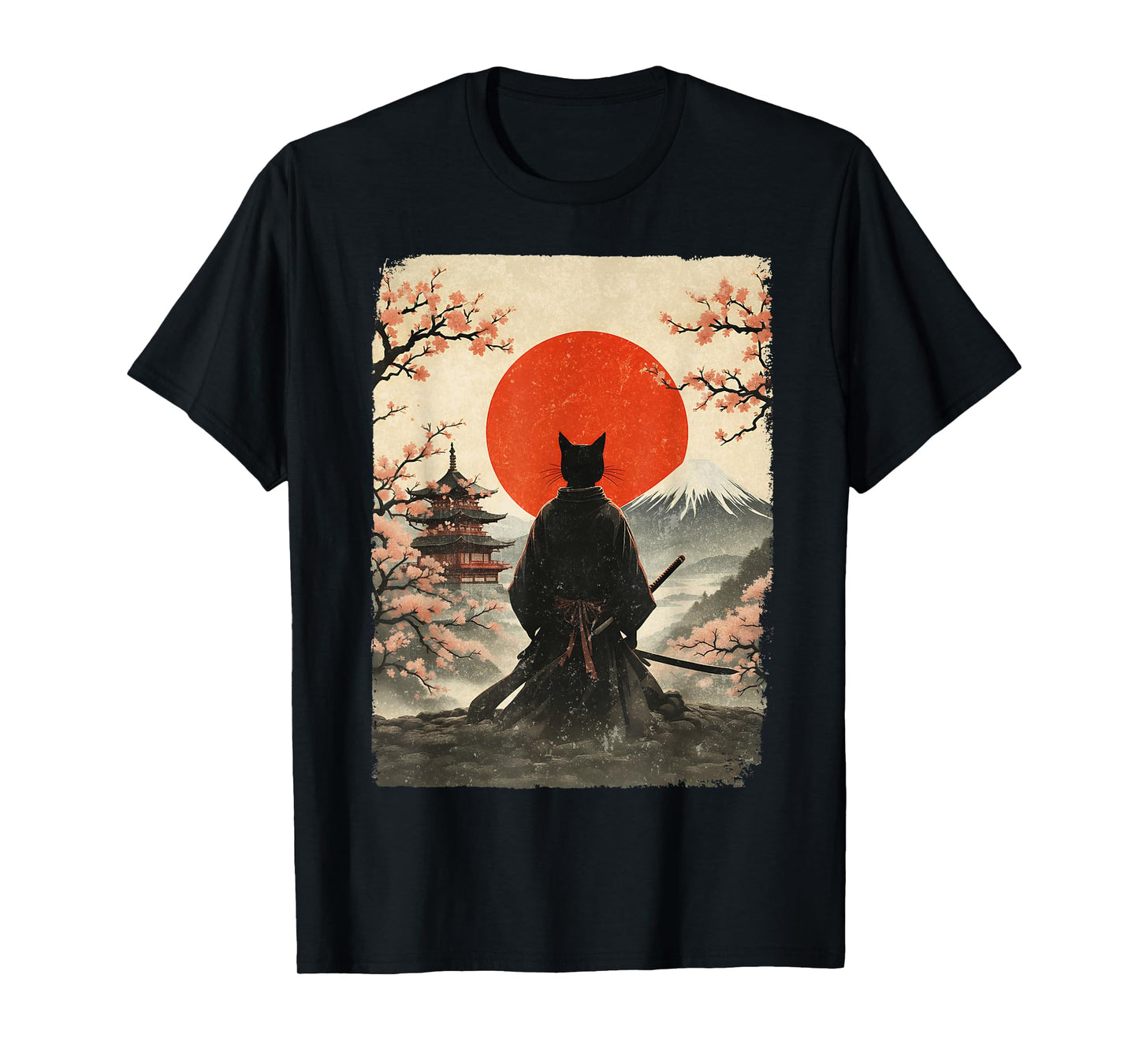 Samurai Cat Warrior Fuji Mount Vintage Japanese Art Graphic T-Shirt