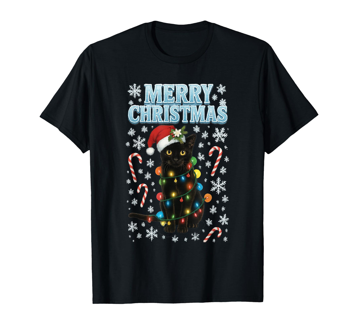 Merry Christmas Black Cat Wrapped in Lights Funny Holiday T-Shirt