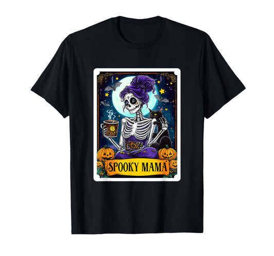 Spooky Mama Tarot Card Halloween Mom Skull Mama Black Cat T-Shirt