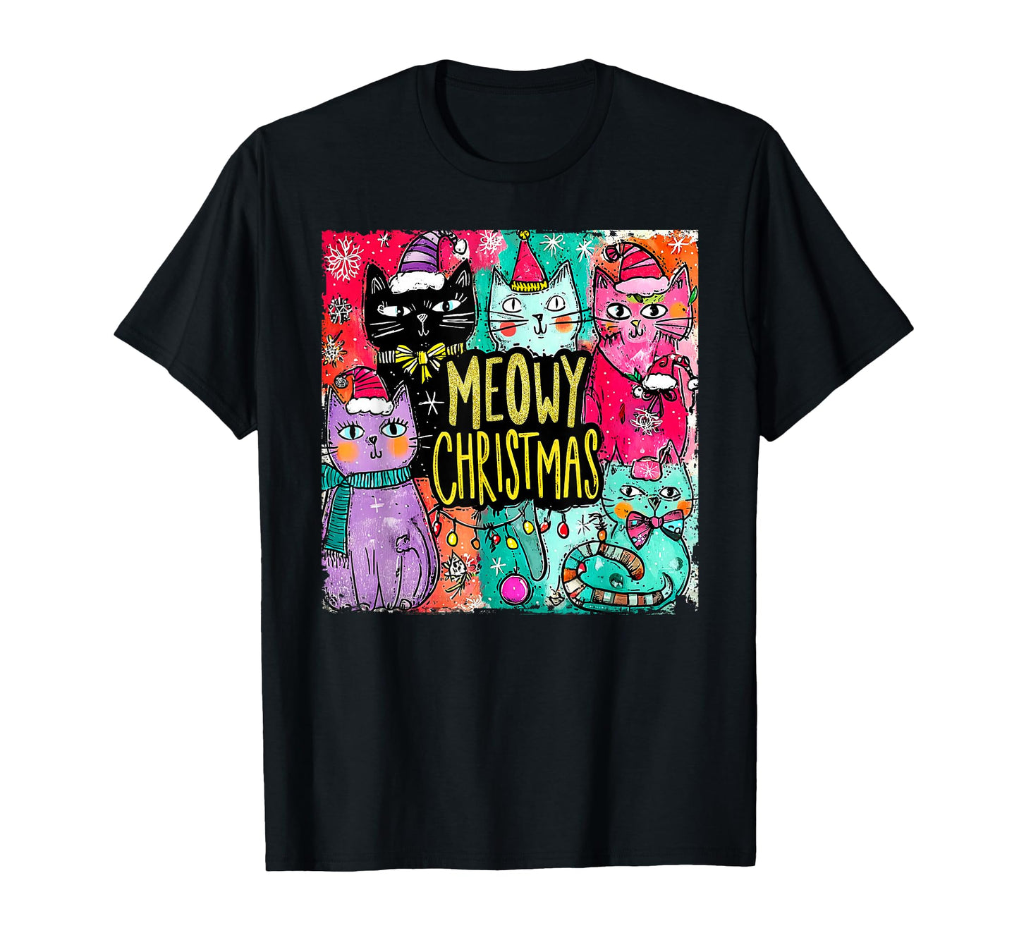 Meowy Christmas Cat Ugly Christmas Cat Reindeer Santa Xmas T-Shirt