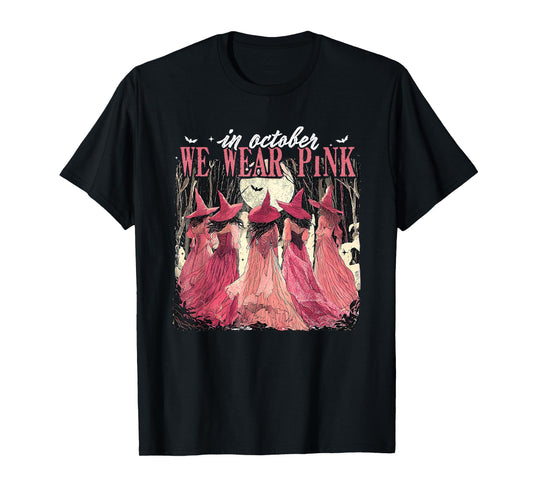 Retro in October We Wear Pink Witch Breast Cancer Awareness T-Shirt