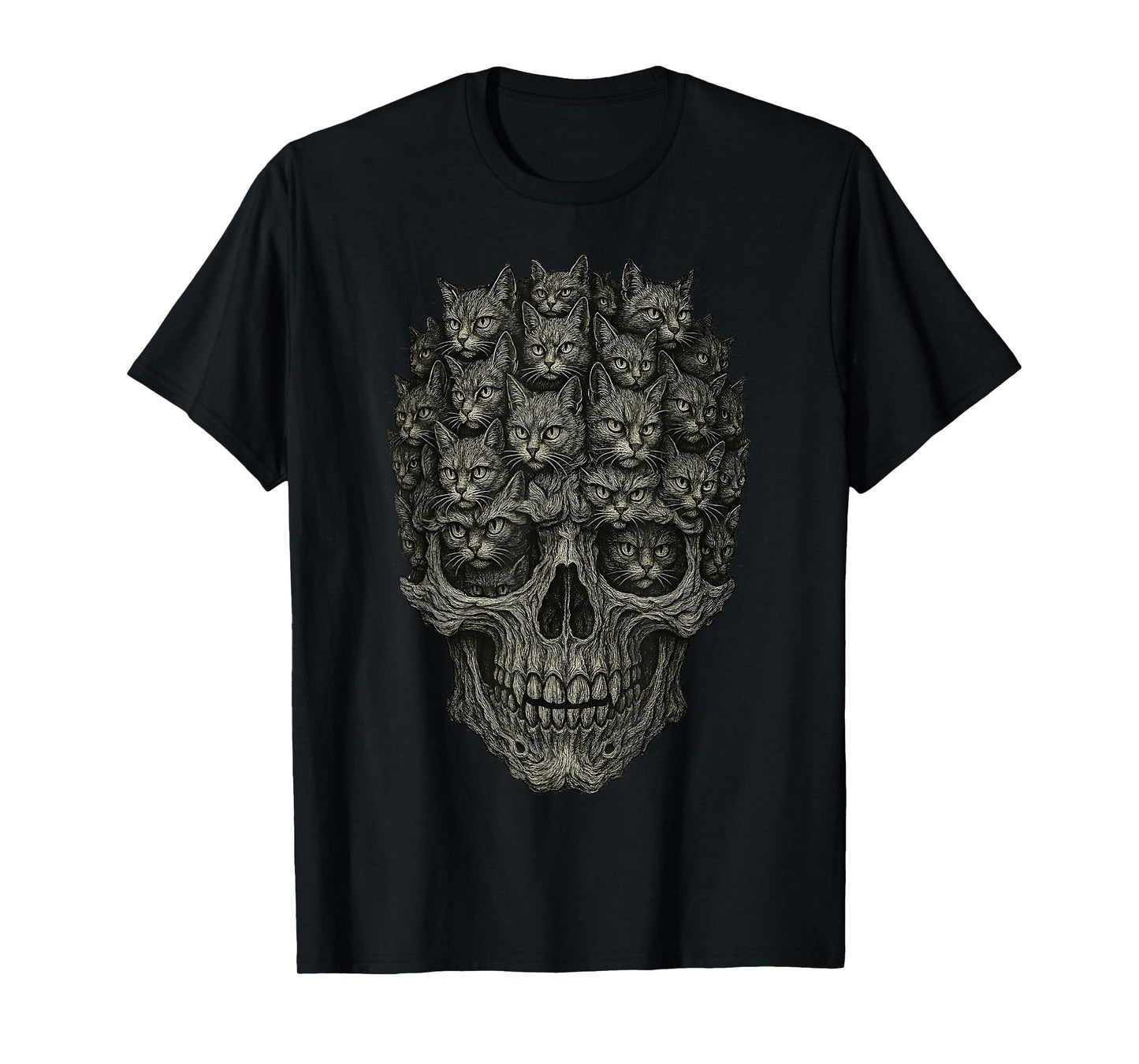 Vintage Halloween Skull Black Gray Cats Subtle Cat Parents T-Shirt