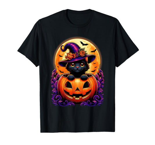 Black Cat Witch Hat Pumpkin Funny Halloween Men Women Kids T-Shirt