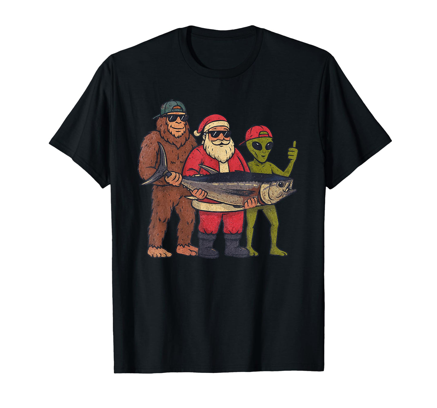 Santa Sasquatch Fishing Christmas Vintage Fish Funny Xmas T-Shirt
