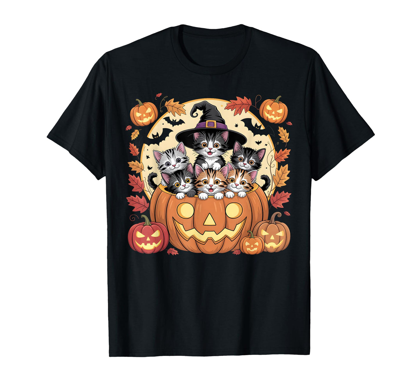 Cute Halloween Kittens in Pumpkin with Witch Hat and Bats T-Shirt