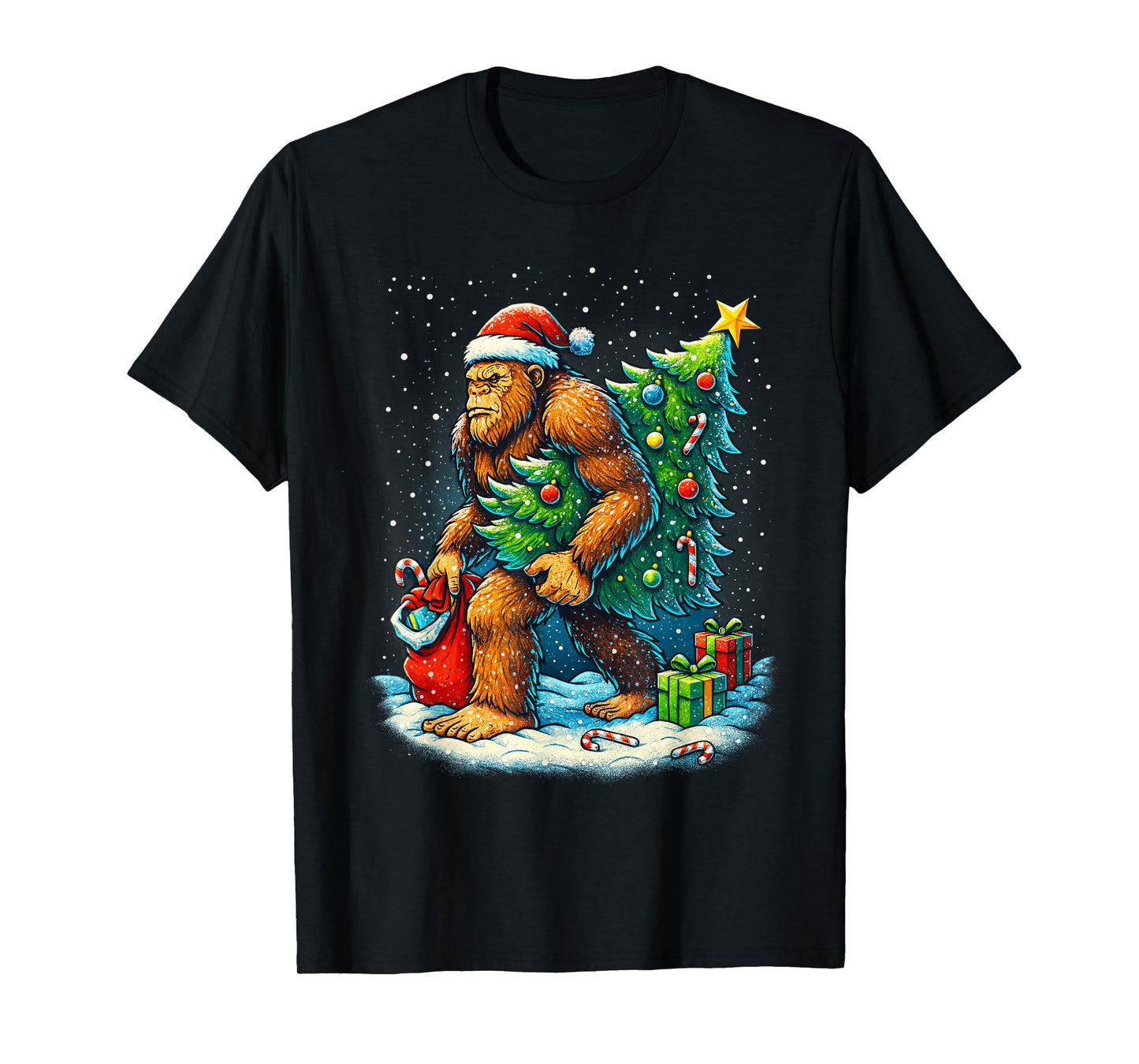 Santa Bigfoot Christmas Tree Sasquatch Xmas Lights T-Shirt