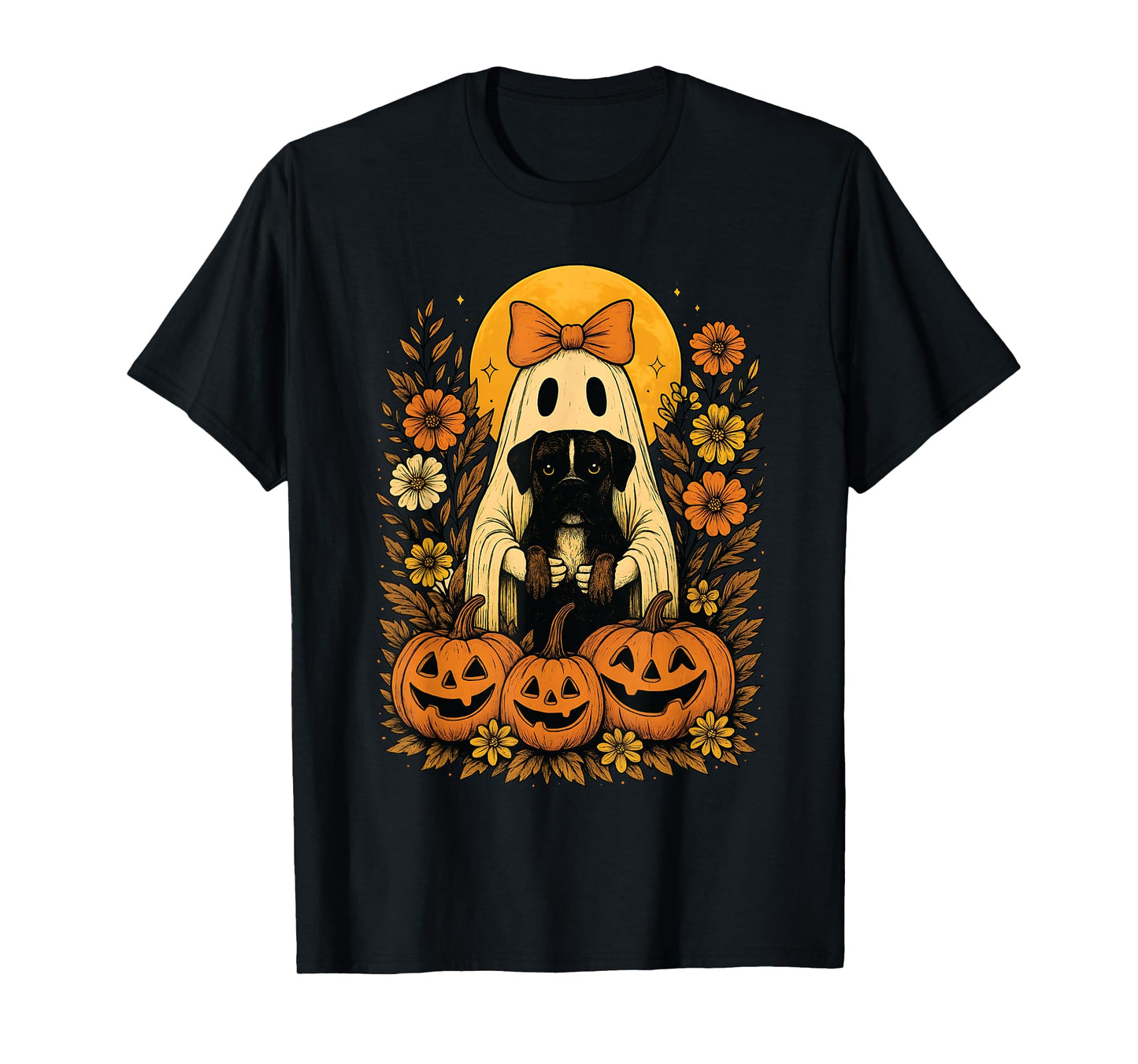 Vintage Halloween Ghost Holding Boxer Dog Groovy Floral T-Shirt
