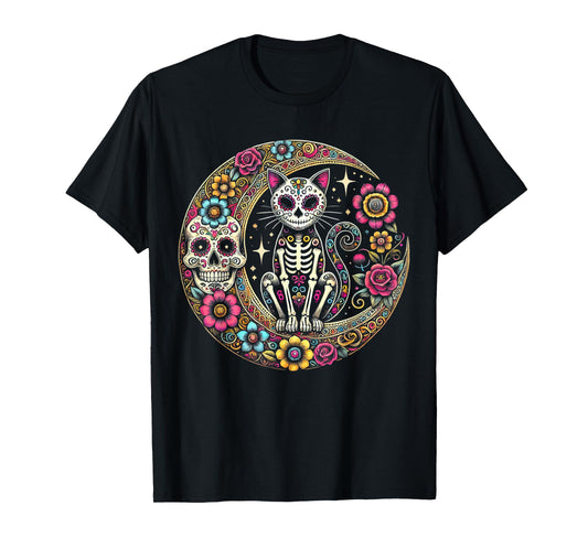 Cat Moon Dia De Los Muertos Day Of The Dead Sugar Skull T-Shirt