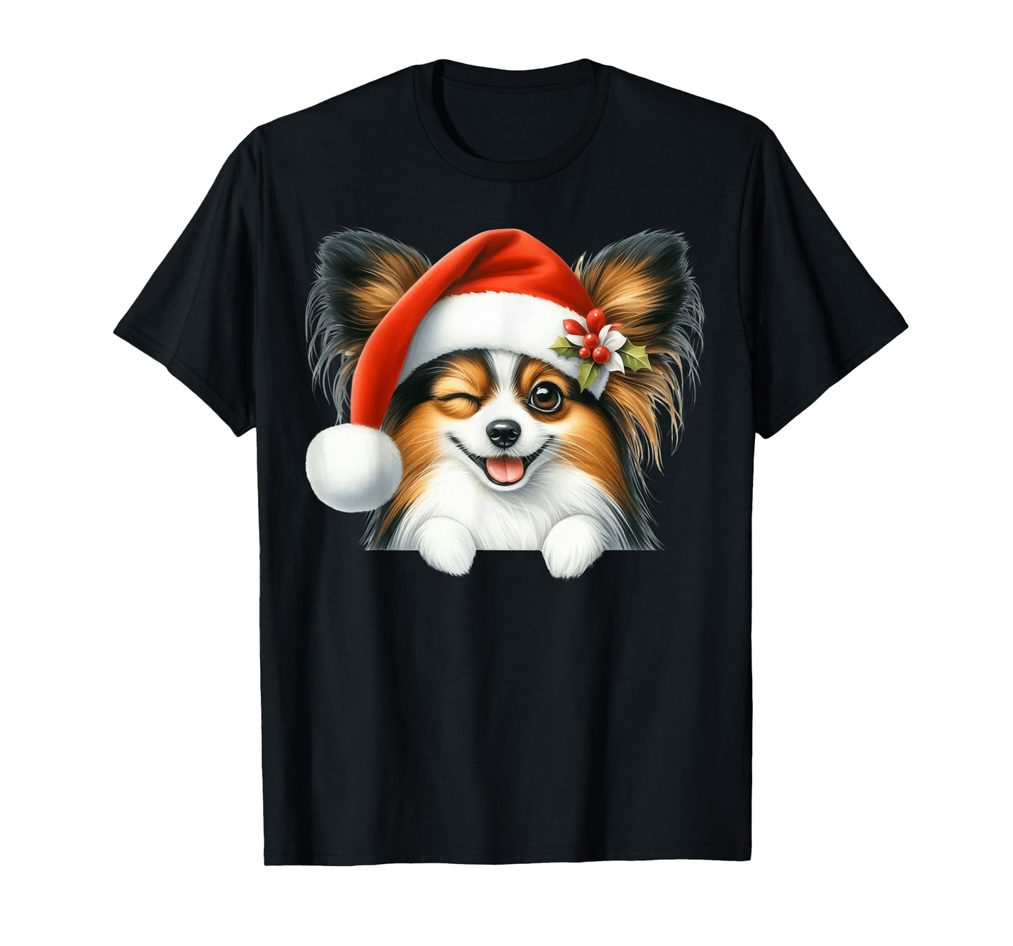 Papillon Dog Christmas Santa Hat Dog Mom Dad T-Shirt