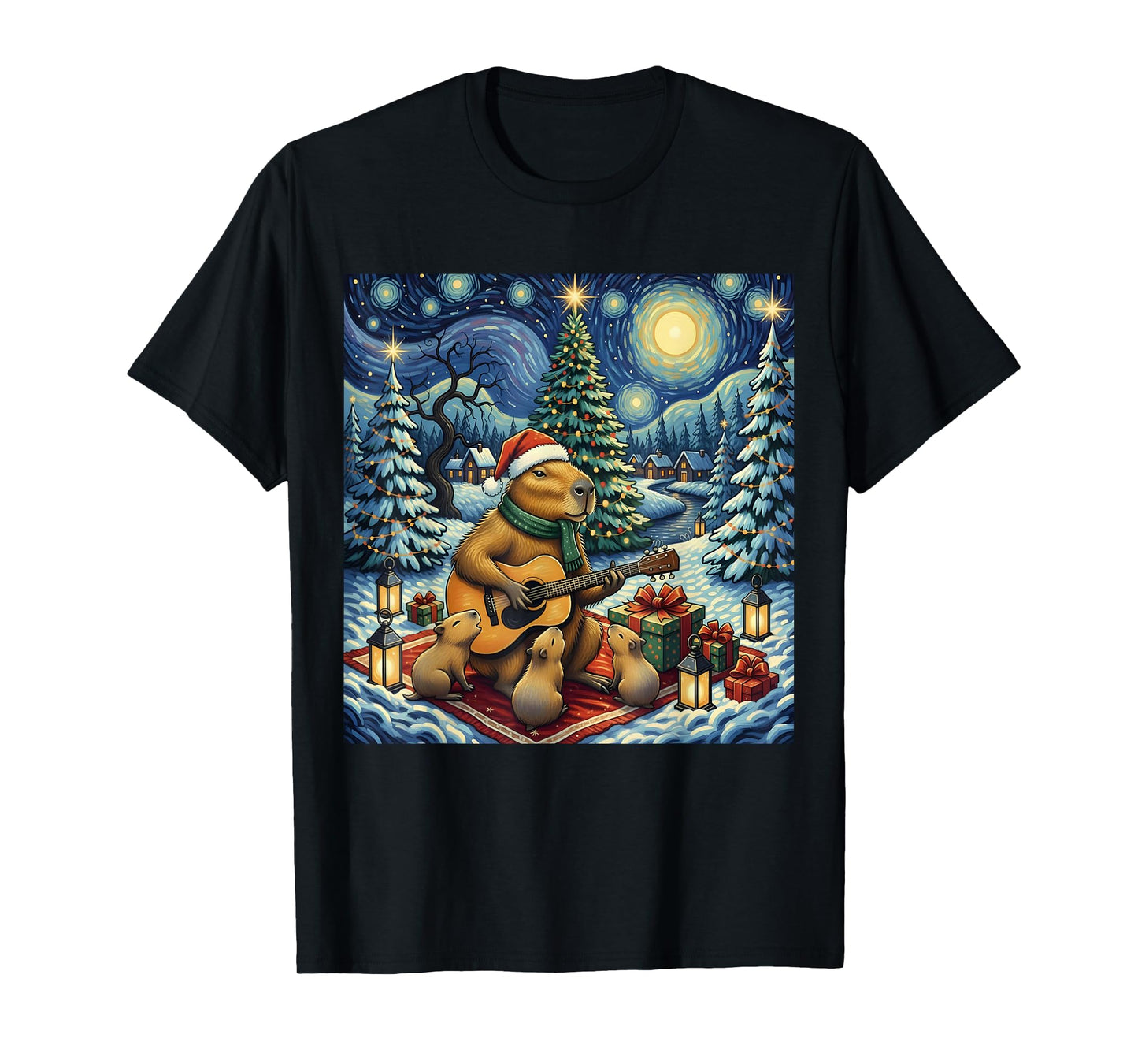 Capybara Playing The Guitar Van Gogh Style Christmas Themed T-Shirt