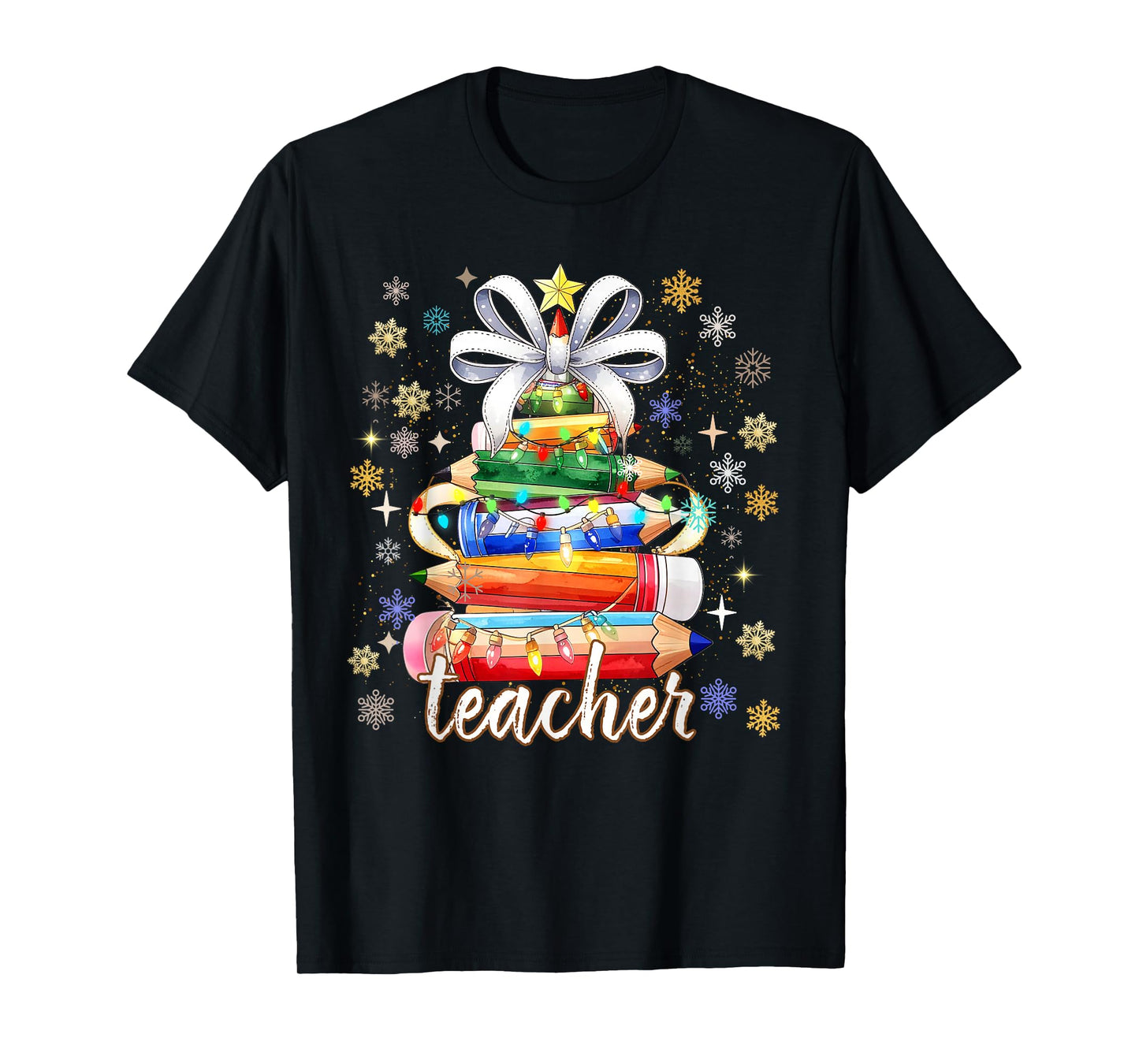 Teacher Student Vibes Holiday Pencil Tree Lights Women Kid T-Shirt