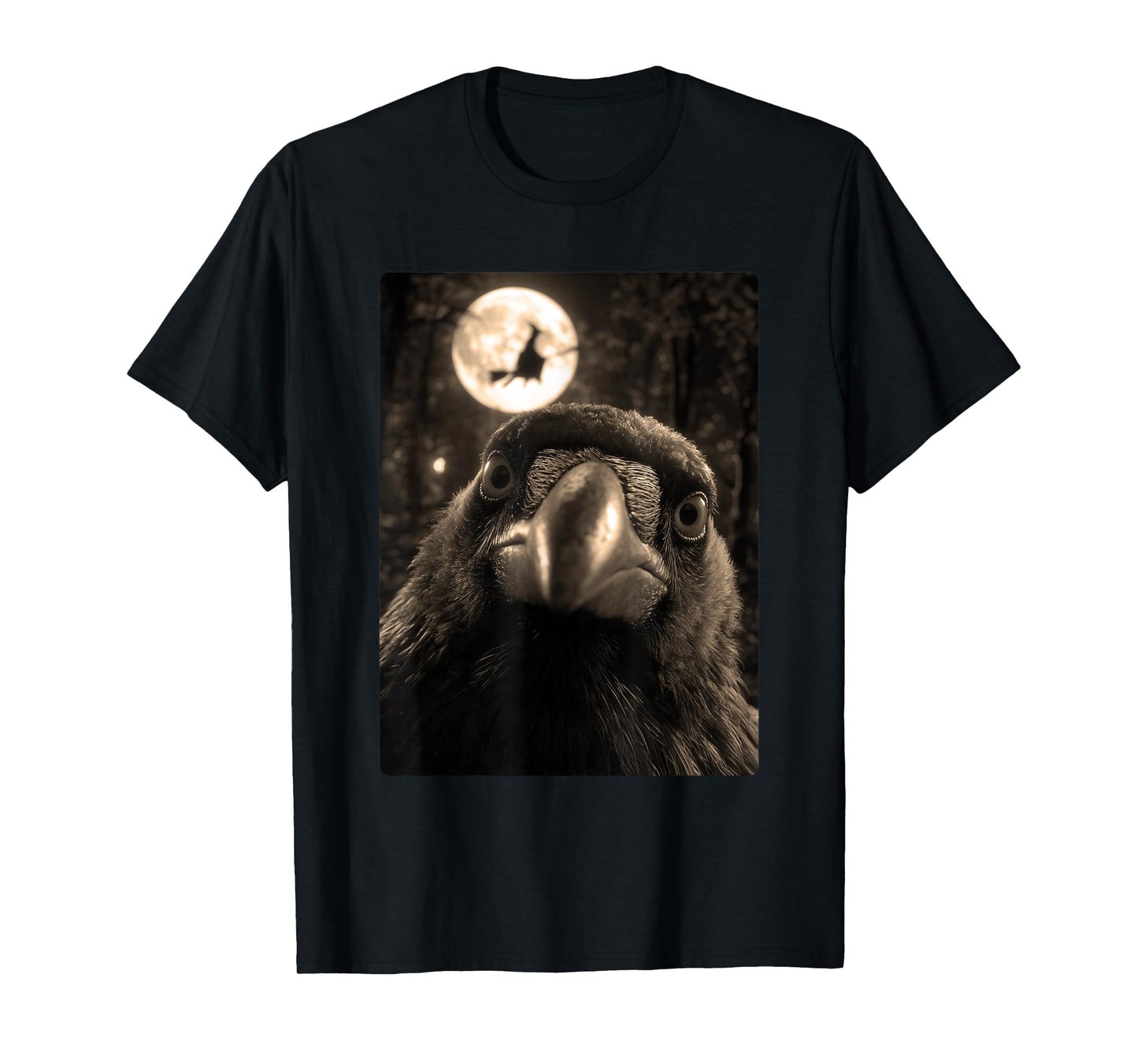 Funny Crow Selfie Full Moon Flying Witch Forest Halloween T-Shirt