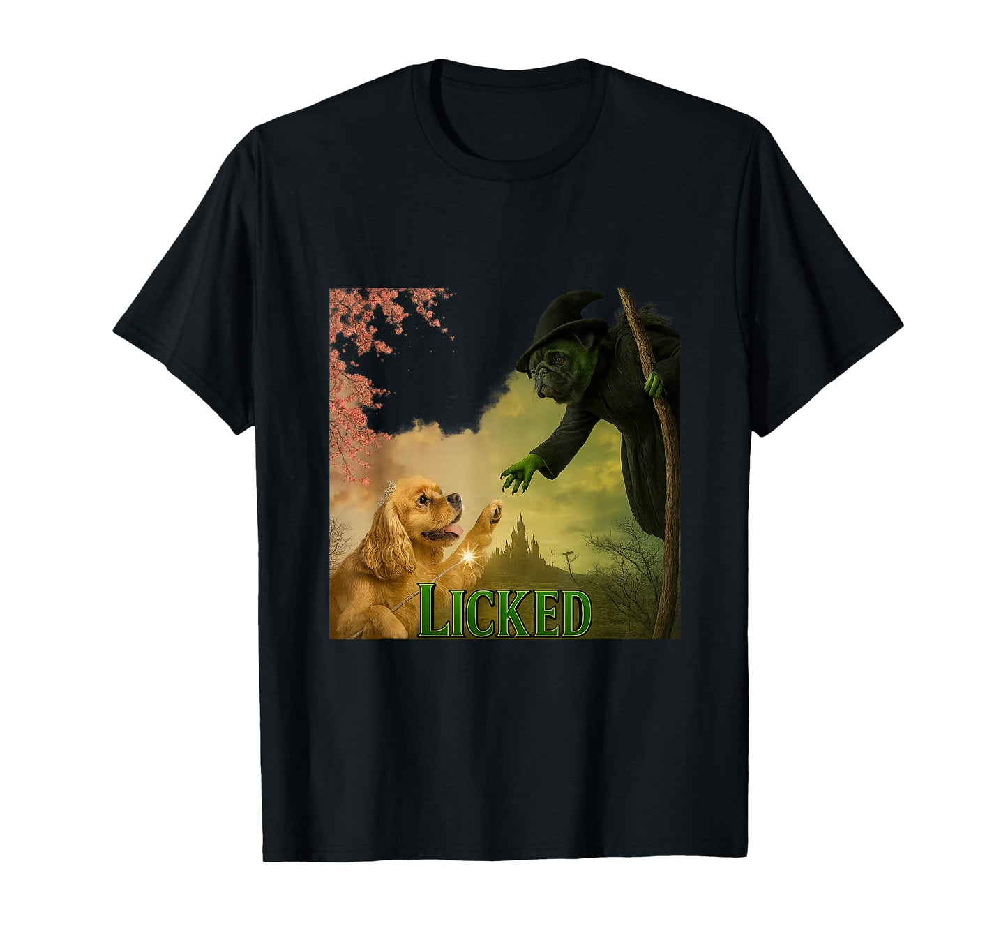 Enchanted Dog vs Pug Parody Fantasy Artwork T-Shirt